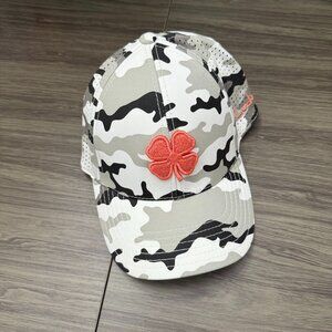 Men's Camo Baseball Hat Orange Clover Logo Adjustable Like New